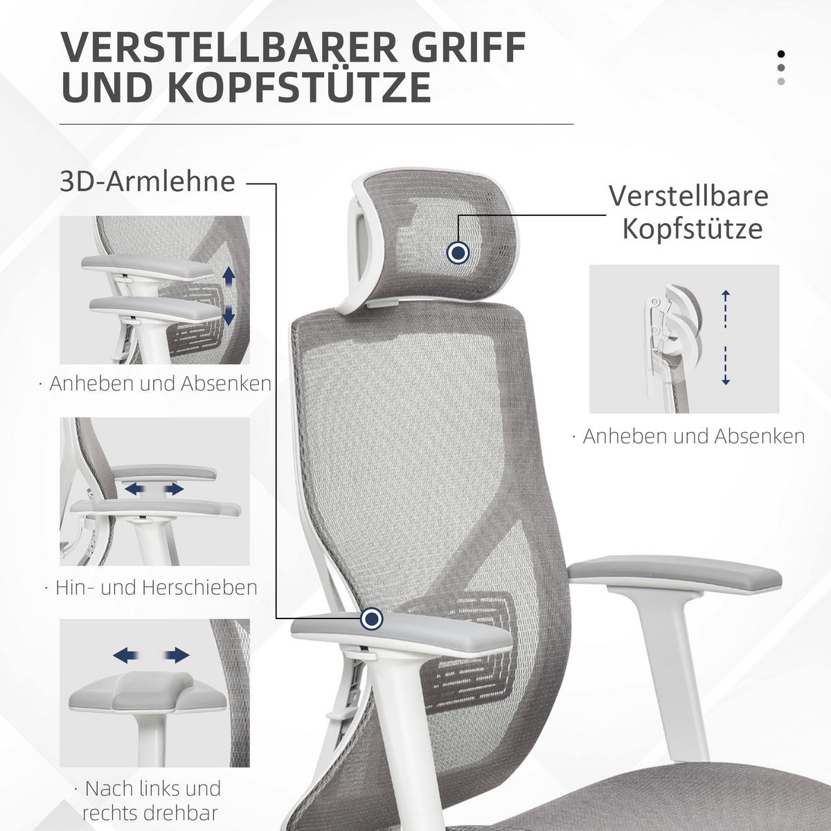 BÜROSTUHL Schreibtischstuhl höhenverstellbar mit 3D-Armlehne 3 Stufen Mesh Grau - Grau, Kunststoff (65/128/67cm) - Vinsetto