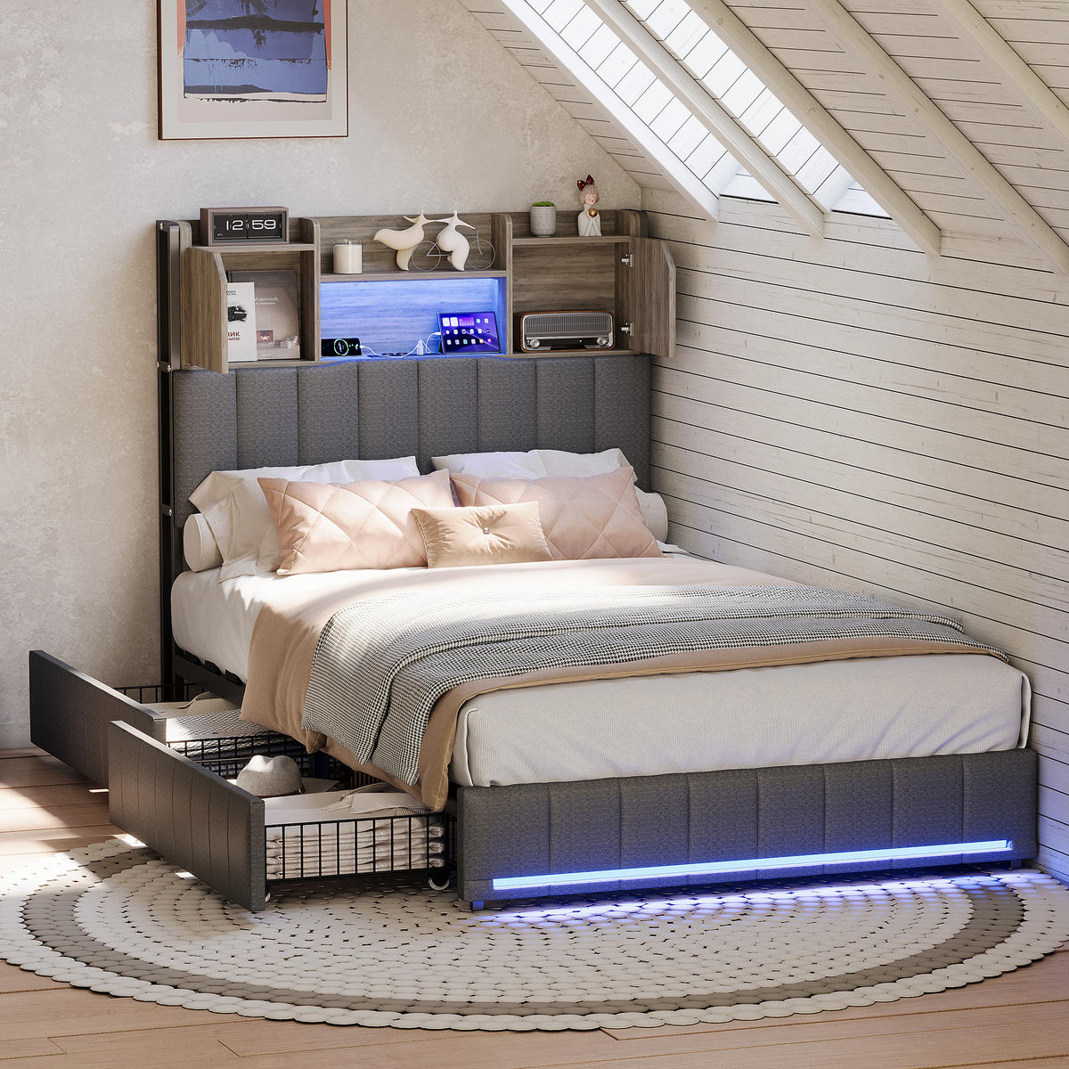 POLSTERBETT 90x200 cm LED USB 4 Schubladen Lattenrost Leinen grau - Grau, Holz (90/200cm) - LEBENLANG