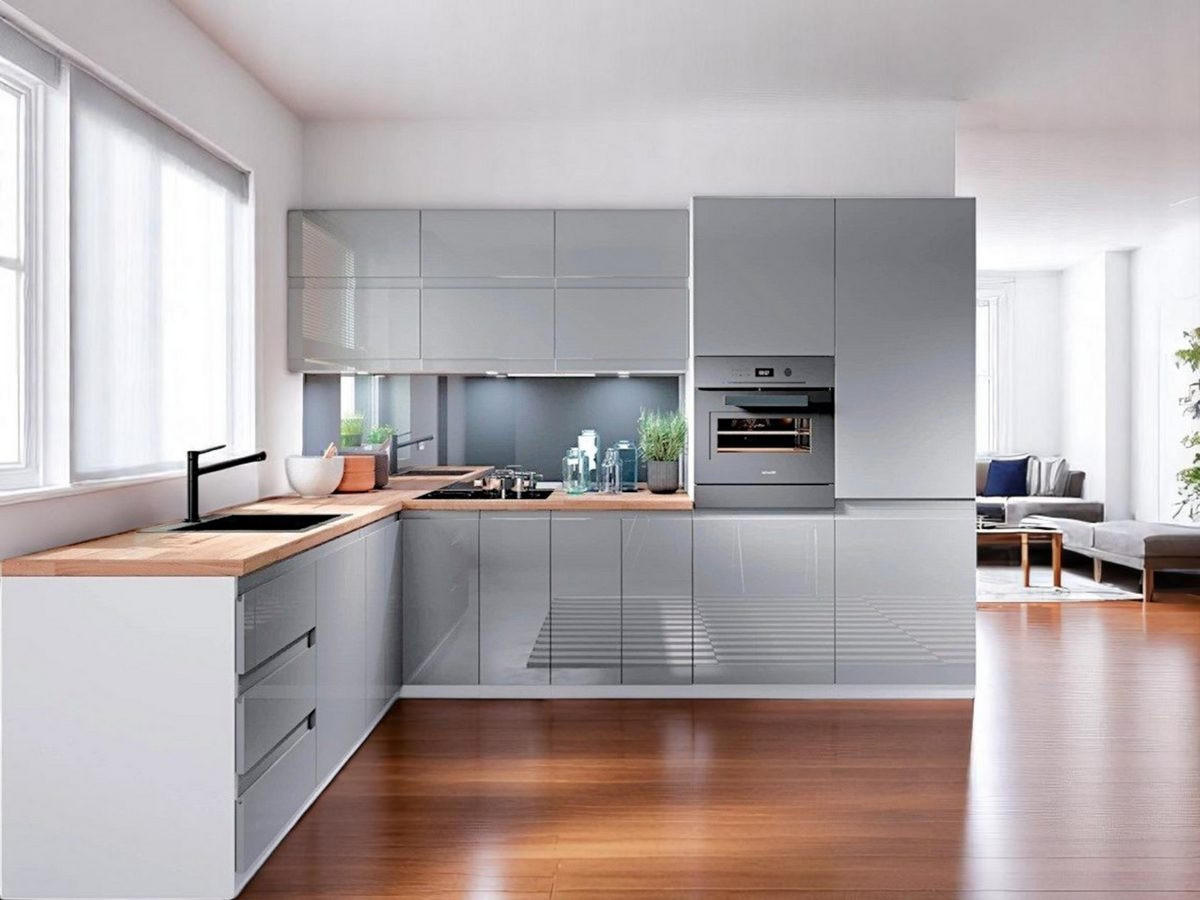 WINKELKÜCHE 300 x 210 cm - Aspen K31- M300 R - in Grau/Hochglanz - Grau, Holz/Holzwerkstoff (300/212/240cm)