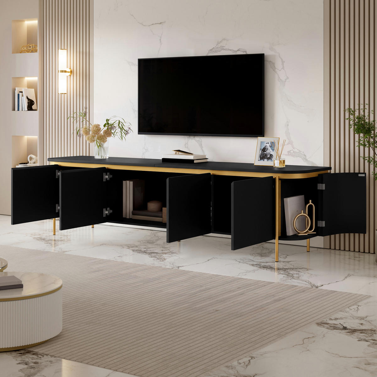 TV-LOWBOARD 180cm MDF Riffel-Optik 6 Türen Gold-Details - Schwarz, Holzwerkstoff (180/46/38cm) - Urban Meuble