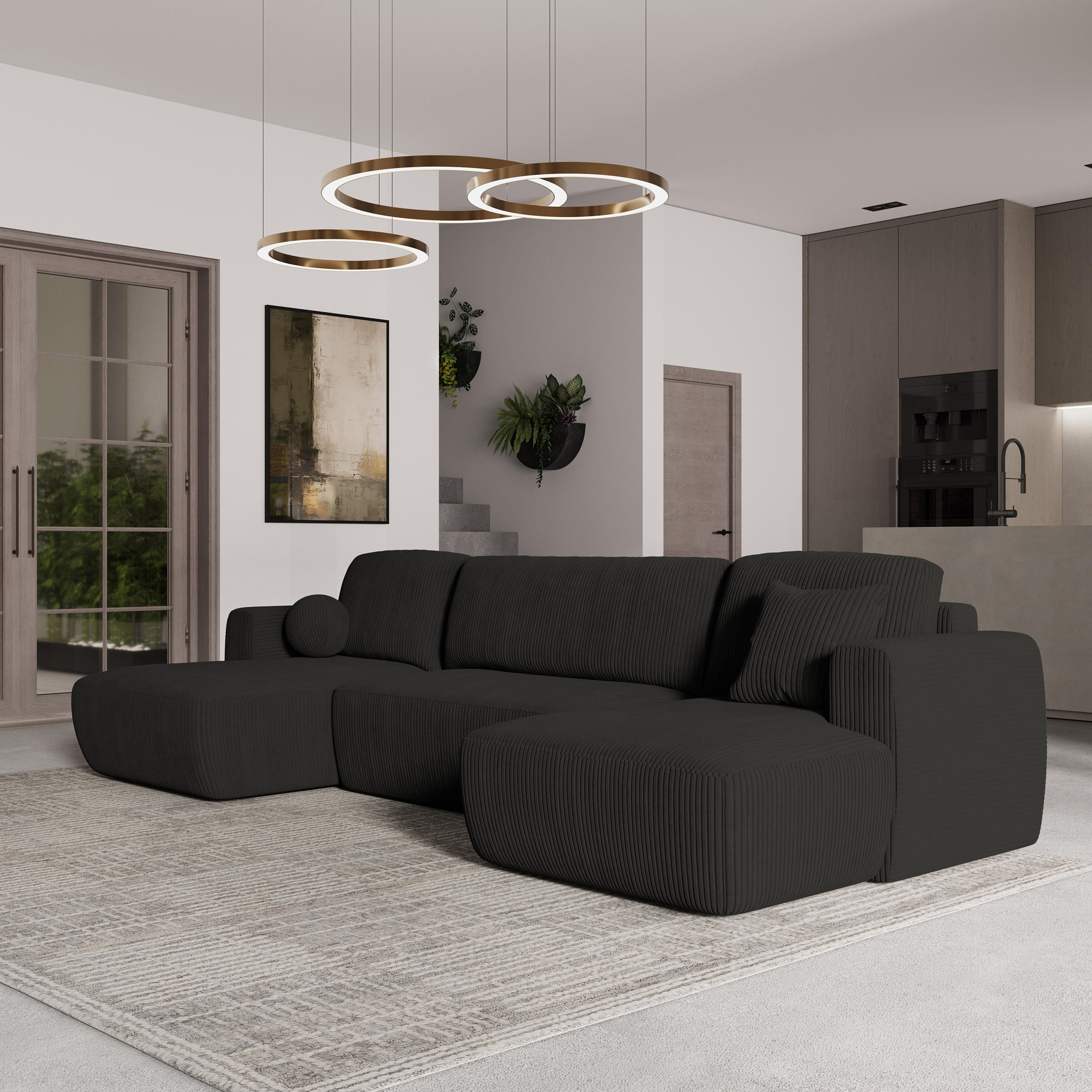 WOHNLANDSCHAFT SENTUM P Schwarz Kordstoff mit Schlaffunktion - Schwarz, Holz (330/90/148cm) - MASSENO