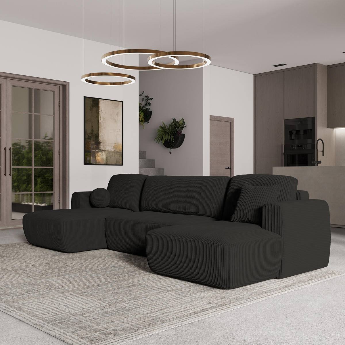 WOHNLANDSCHAFT SENTUM P Schwarz Kordstoff mit Schlaffunktion - Schwarz, Holz (330/90/148cm) - MASSENO
