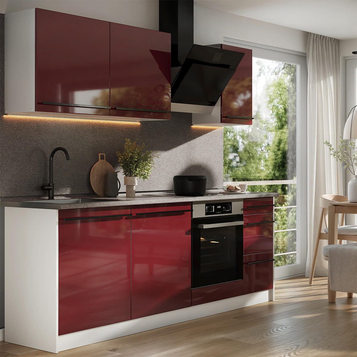 KÜCHENZEILE R-Line, Rot Hochglanz/Weiß, 220 cm Arbeitsplatte Goldkraft Eiche - Rot/Weiß, Holzwerkstoff (220/81.6/60cm) - Vicco
