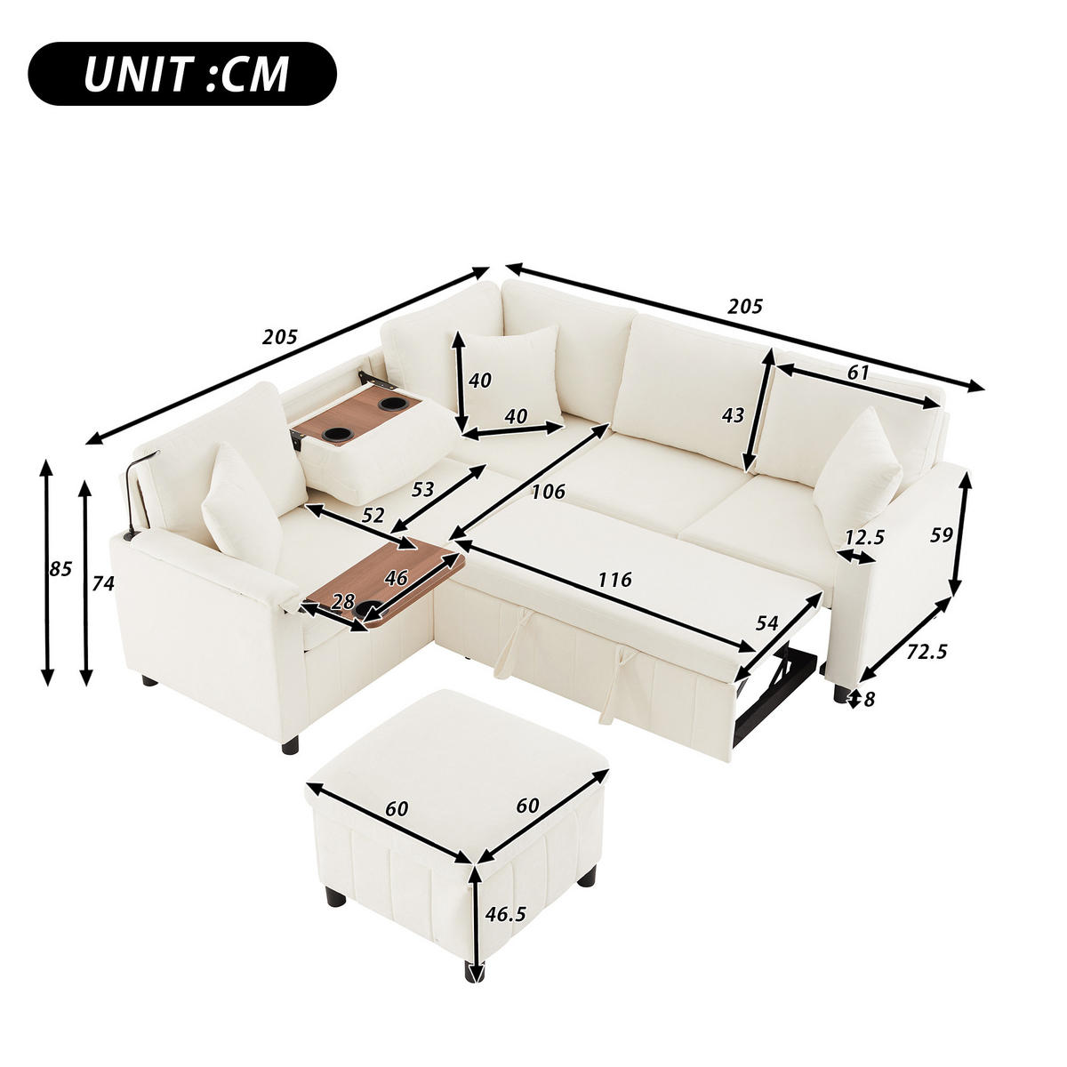 ROHOVÁ sedací souprava 205/205/85 cm béžová z chenille s funkcí spaní, USB a Type-C - béžová, textil (205/205cm) - OKWISH