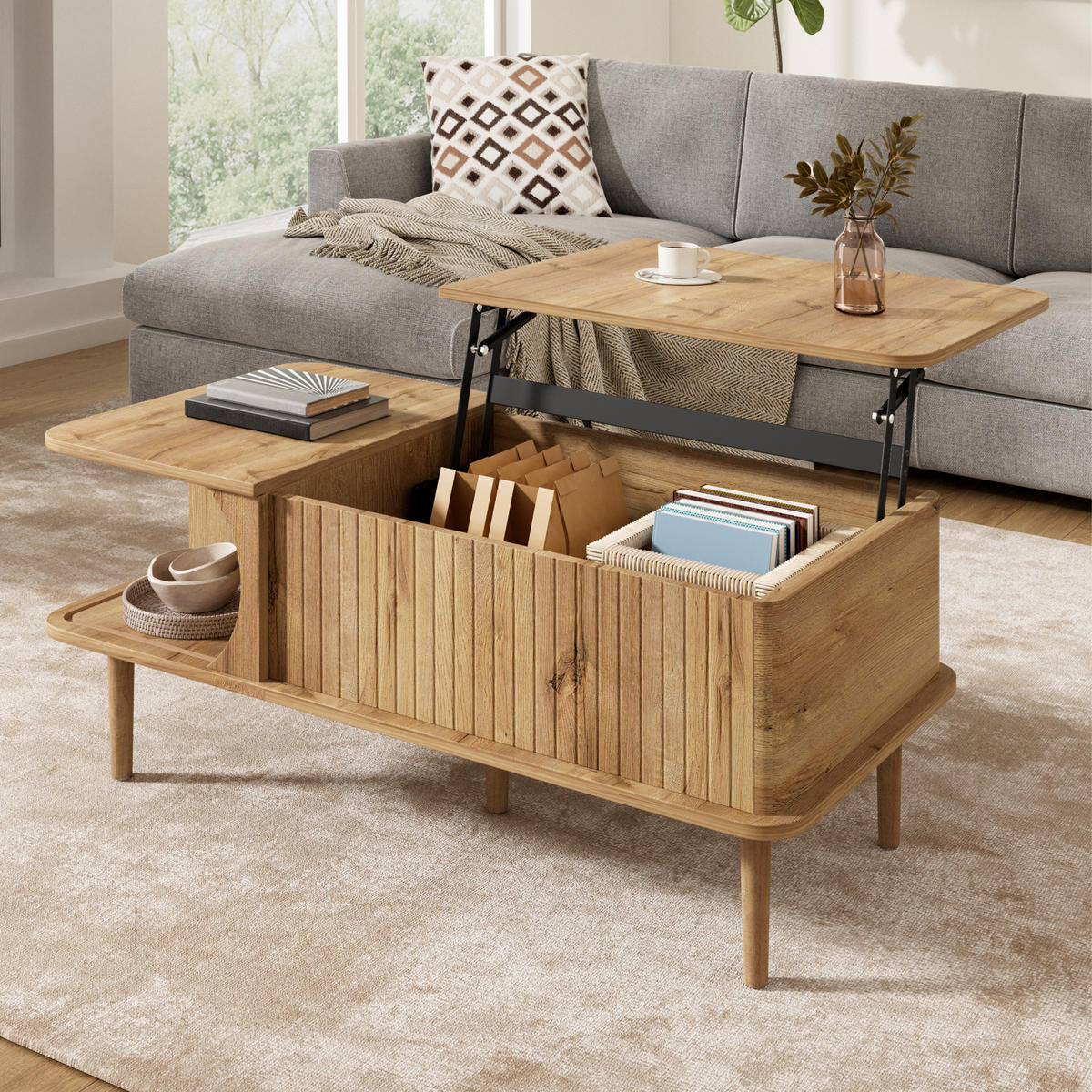 COUCHTISCH höhenverstellbar mit Schiebetür und Rillenoptik - Naturfarben, Holzwerkstoff (48/100/55.5cm) - FLIEKS