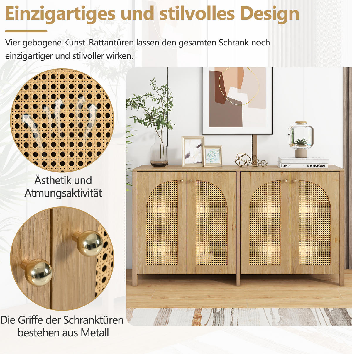 SIDEBOARD aus MDF 145x80x40 cm Natur mit 4 Rattantüren, Metallgriffen und verstellbaren Regalböden - Naturfarben, Holzwerkstoff (145/40/80cm) - Modfu
