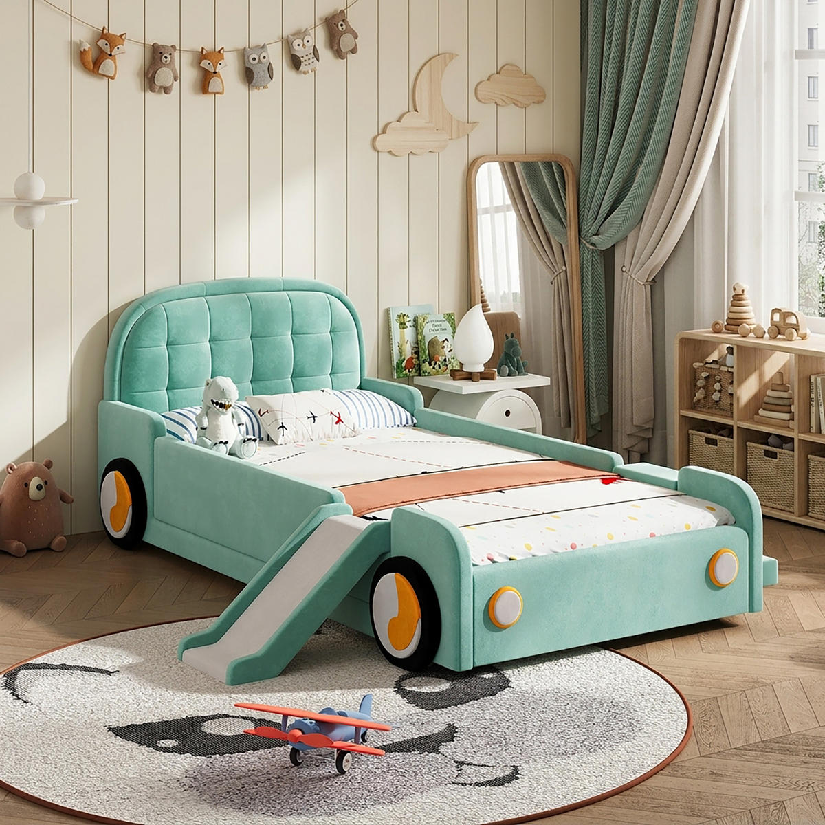 KINDERBETT 90/200 cm in Blaugrün Samt Autobett mit Rutsche, Treppe und Fallschutz - Blau/Grün, Holzwerkstoff/Textil (90/200cm) - STILVORA