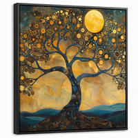 LEINWAND Bilder mit Rahmen - Baum - Mond - Blumen - Gold - Kunst - 50x50 - Orange, Textil (50/50cm) - MuchoWow