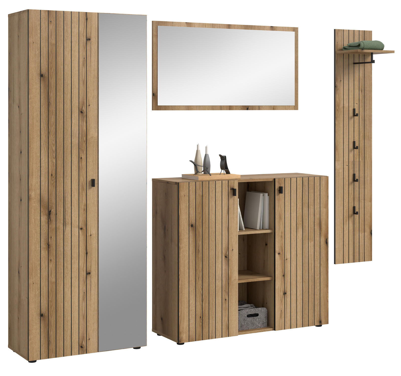 GARDEROBEN-SET Evoke Eiche 4-teilig 237 cm, Garderobenkombination mit viel Stauraum - Schwarz/Eiche Artisan, Glas/Holzwerkstoff (237/182/37cm) - Inn.Furn