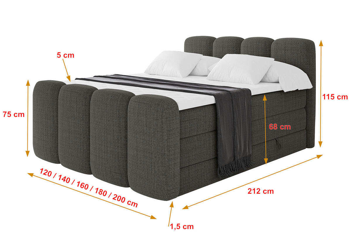 BOXBETT mit Matratze H3|H4 und Lattenrost - NINA-Z KING - 140x200 cm - Grau - Grau, Holzwerkstoff (140/200cm)