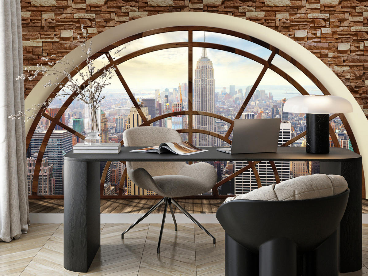 FOTOTAPETE für Wohnzimmer New York Fensterblick Panorama Stadt 250x175 - Beige/Braun, Papier (250/175cm) - Muralo