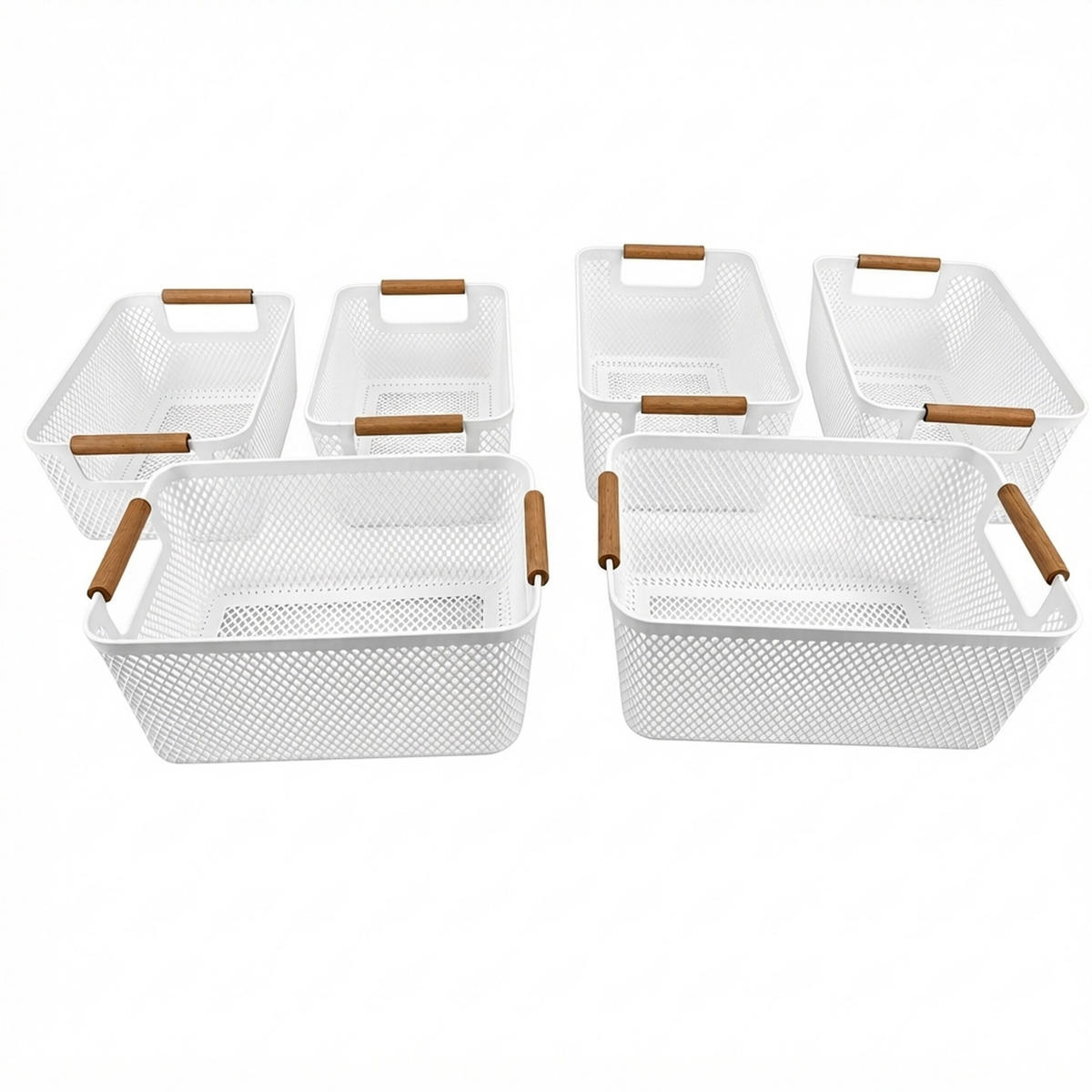 FÖRVARINGSKORG Vit 6-pack plast trähandtag storlek M - Vit, Trä/Plast (19.5/32/16cm) - Relaxdays