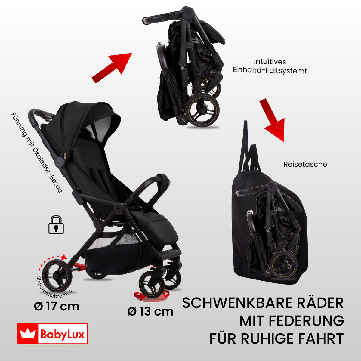 BUGGY Giau, Klein und Leicht, Teleskopische Führung, Kompakt Faltbar, Wickeltasche, Reisetasche - Schwarz, Textil/Metall (58/98cm) - BabyLux