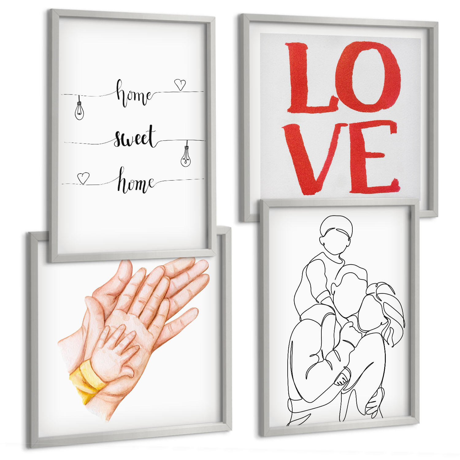 BILDER SET 4er Set - 50x50 cm & 40x60 cm Silberner Rahmen - Familienillustrationen Hausschilder - Silberfarben, Kunststoff (50/50cm) - TULUP