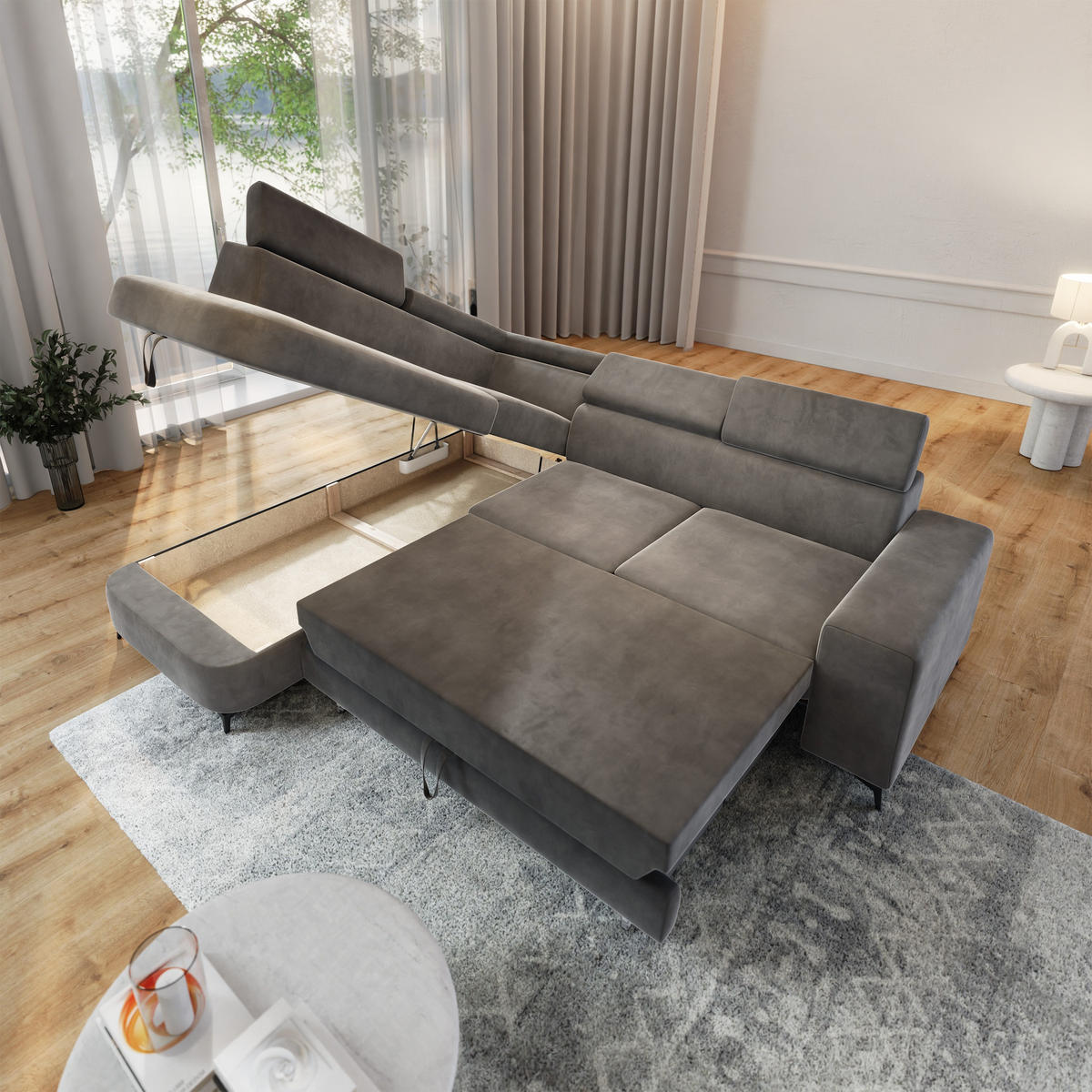 ECKSOFA ALVORO L-S Grau Velours-Stoff mit Schlaffunktion - Grau, Holz (253/190cm) - MASSENO