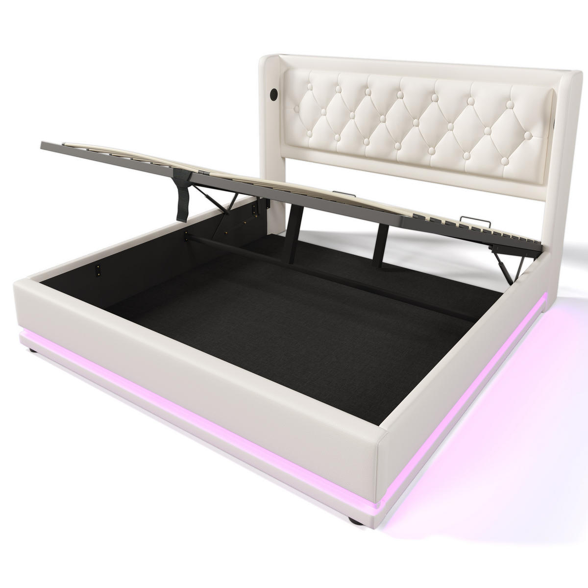 ČALOUNĚNÁ postel 180/200 cm z PU s USB a USB-C nabíjením, 3stranným LED osvětlením a hydraulickým úložným prostorem, Bílá - bílá, plast (180/200cm) - Redom