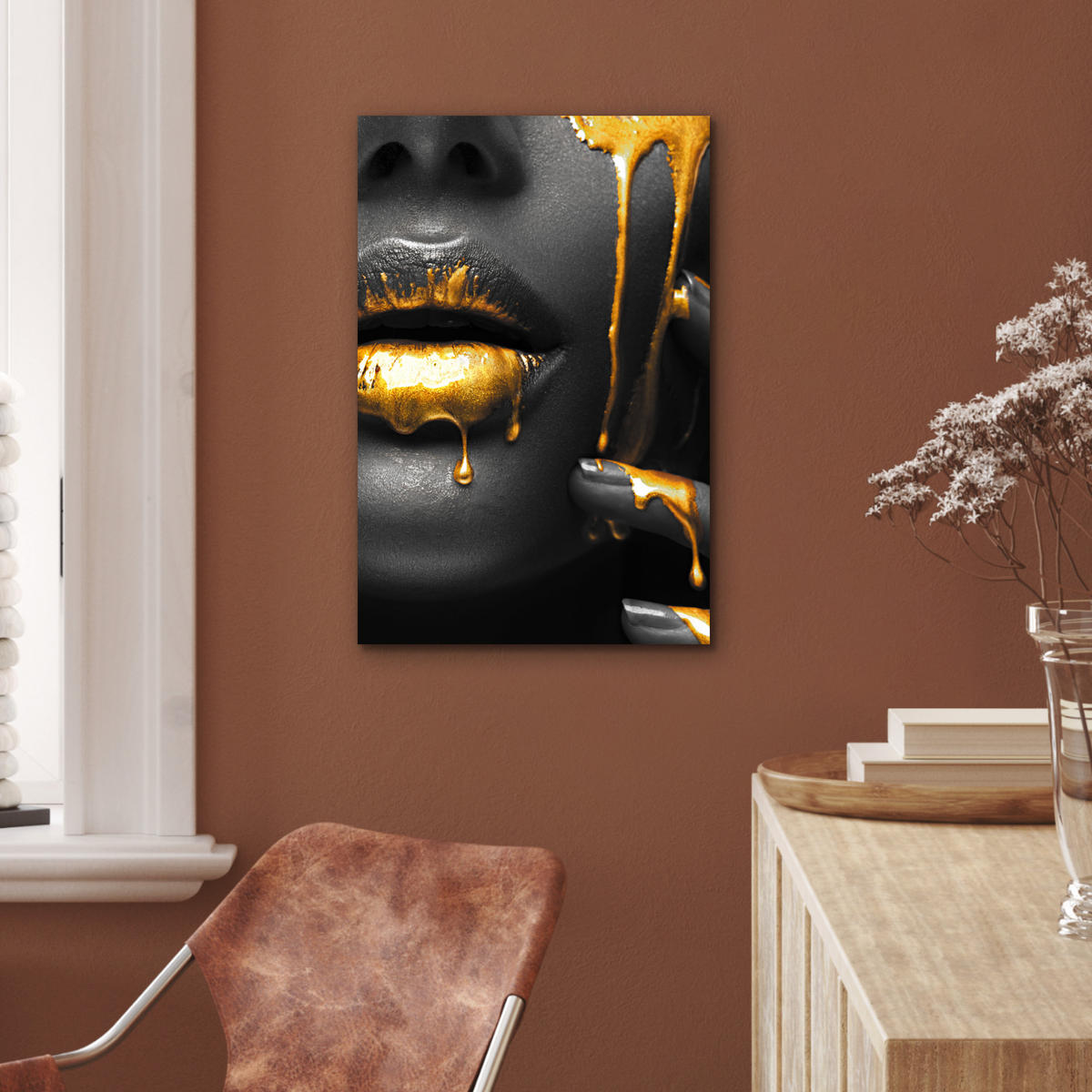 METALLBILD Frau - Schwarz - Gold - Gesicht - Lippen 40x60 cm - Goldfarben, Metall (40/60cm) - MuchoWow