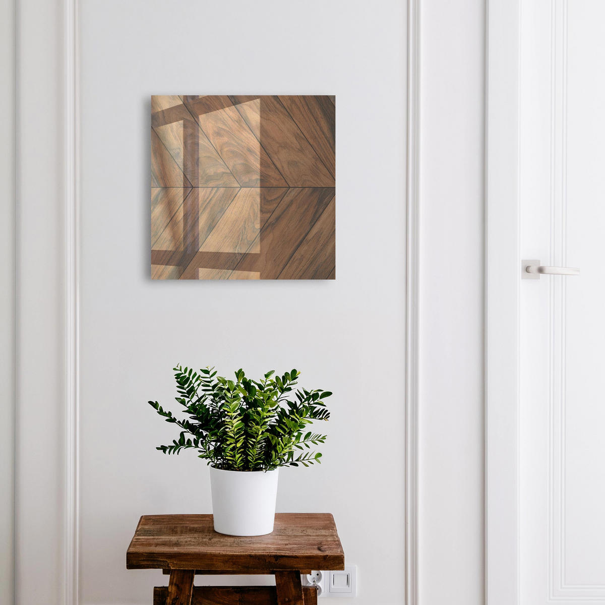 SCHLÜSSELBOX Weiß 30x30 cm – Türöffnung nach rechts - Holz-Fischgrätmuster - Braun, Metall (30/30/5cm) - TULUP