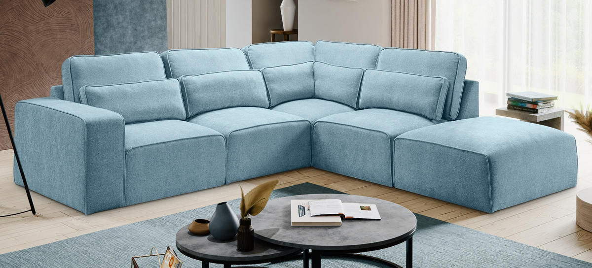ECKSOFA hellblau Webstoff, Sofa 305 x 281 cm, L-Sofa rechts - Hellblau/Grau, Holz/Textil (305/281cm) - Inn.Furn