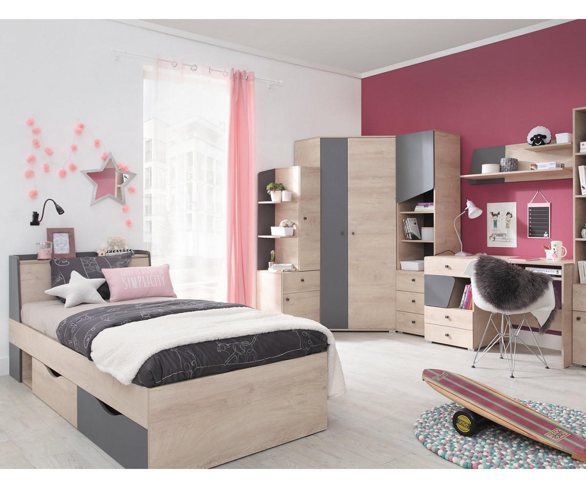 JUGENDZIMMER Davis Set B mit Bett 120 x 200 - Eiche / Anthrazit - Eichefarben/Anthrazit, Holzwerkstoff (124/85/230cm) - QMM TraumMöbel