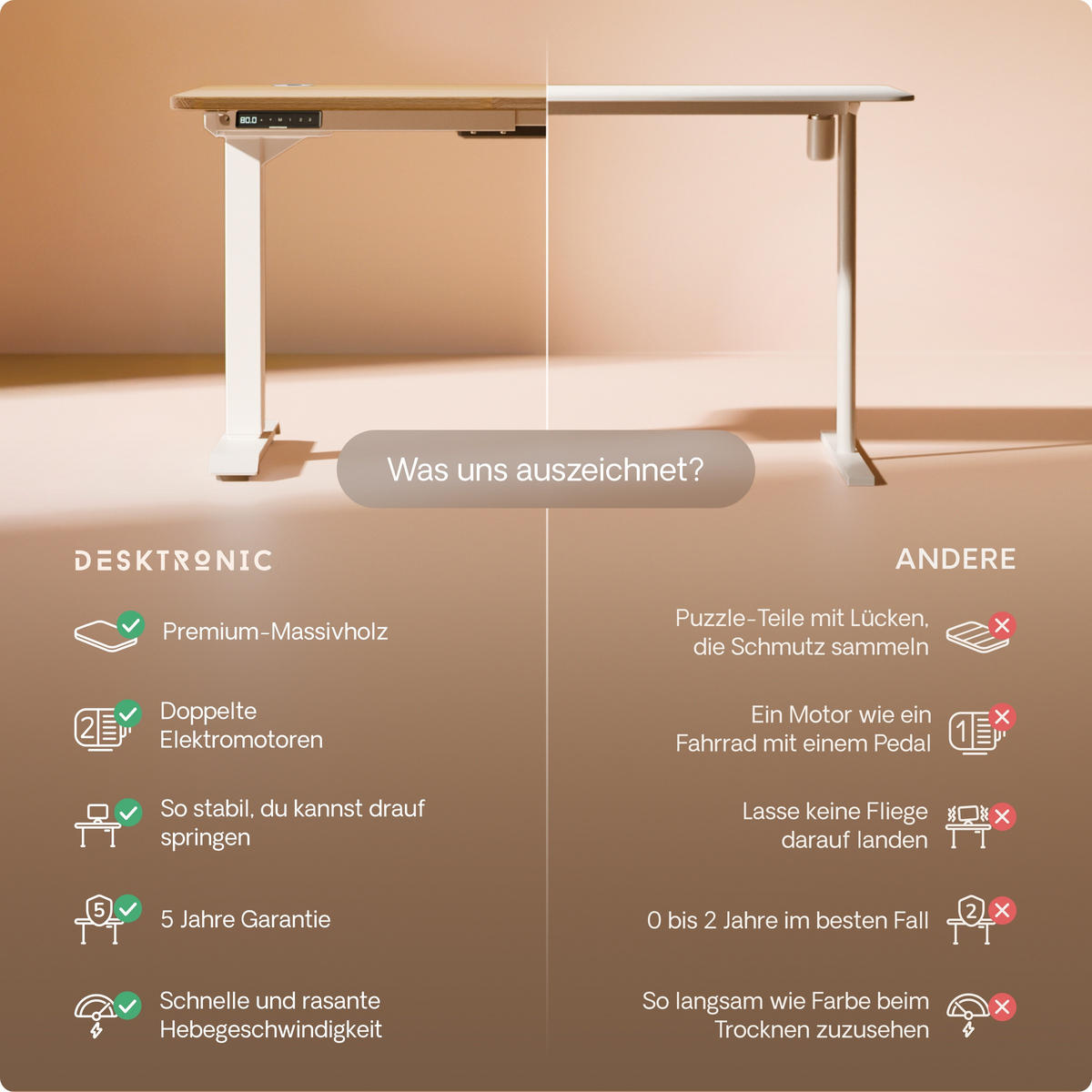 SCHREIBTISCH Elektrisch Höhenverstellbarer HomePro 140x70cm Weiß/Massive Eiche mit Memory-Funktion, Anti-Kollisions Technologie - Eichefarben/Weiß, Holz (70/140/63.5cm) - Desktronic