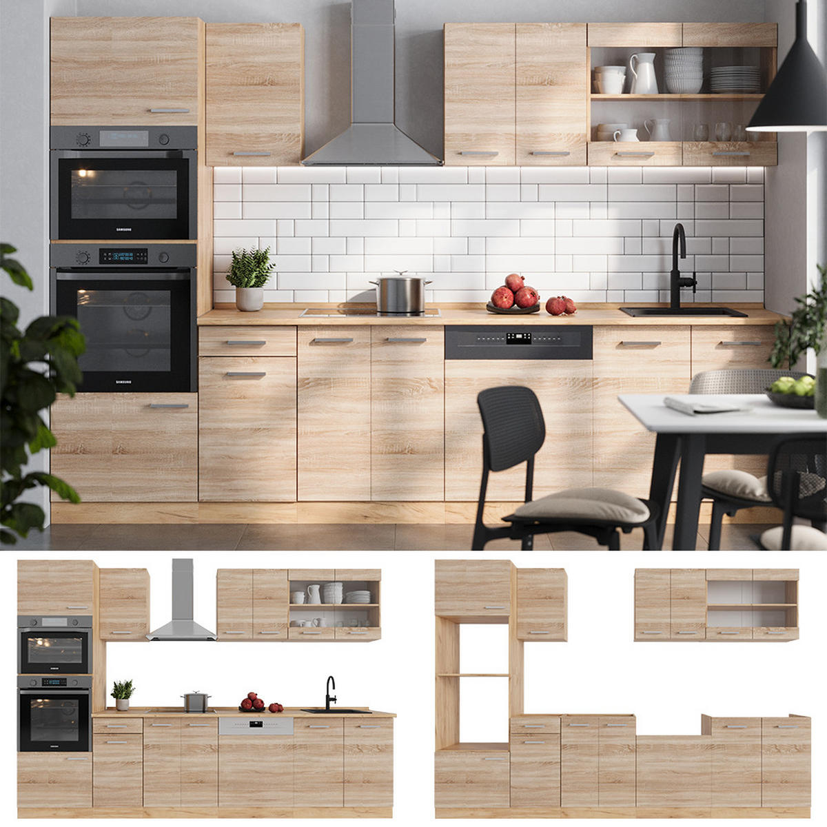KÜCHENZEILE R-Line Sonoma/Goldkraft Eiche 300 cm mit Hochschrank, ohne Arbeitsplatte - Honigeiche/Sonoma Eiche, Holzwerkstoff (300/81.6/46cm) - Vicco