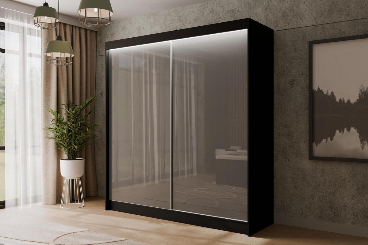 KLEIDERSCHRANK PEKA mit LED - 200 cm - Schwarz|Grau - Schwarz/Grau, Holzwerkstoff (200/215/61cm) - ALTDECOR