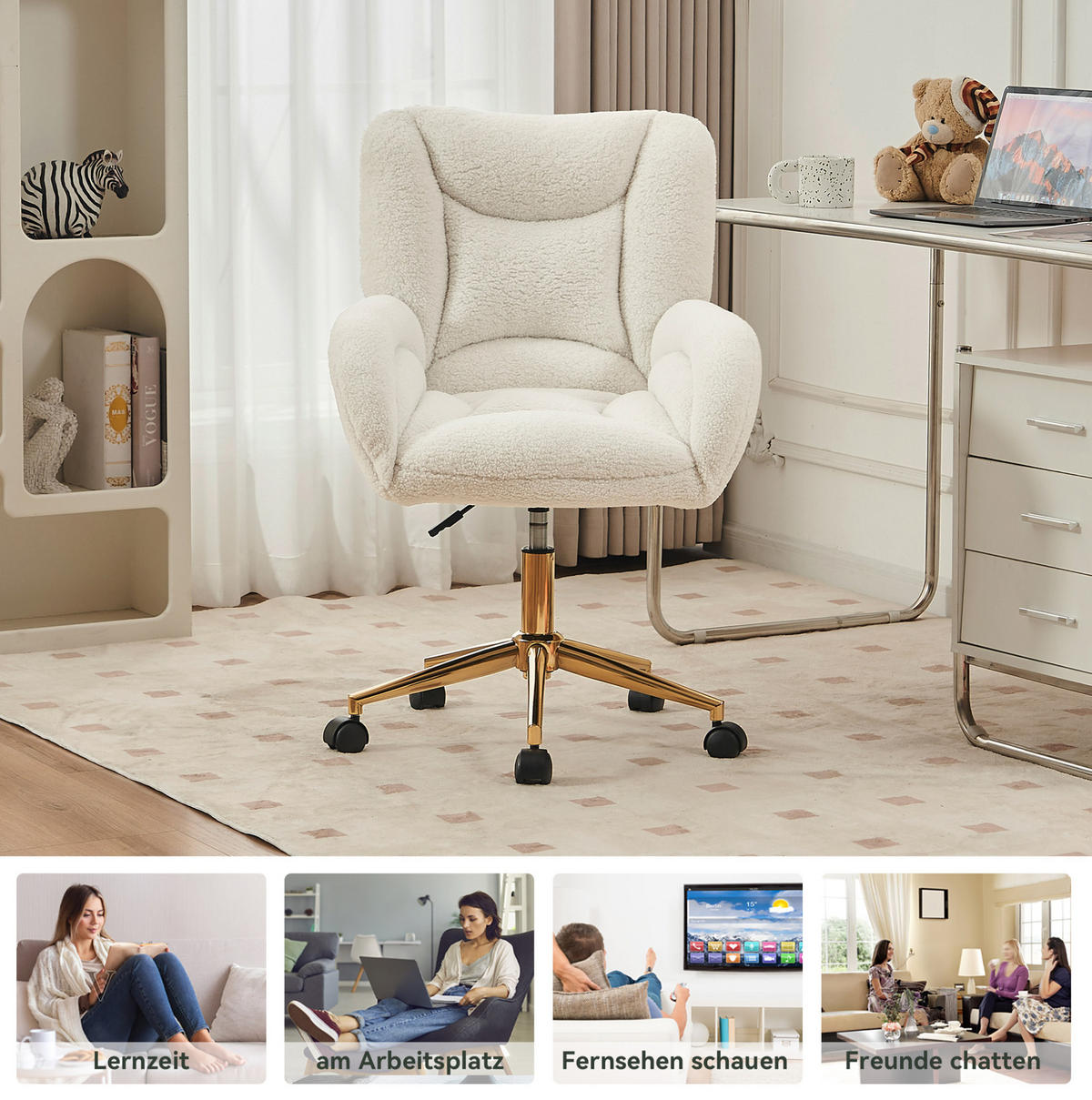 DREHSTUHL 64/92,5/62 cm Weiß aus Teddy-Stoff höhenverstellbar - Weiß, Textil (62/92.5/64cm) - OKMYHOME