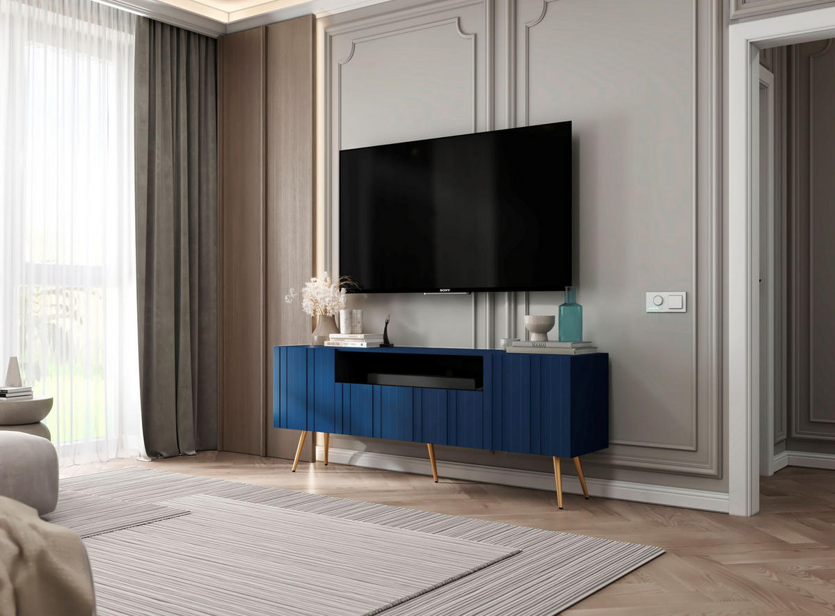 TV-SCHRANK Elpis2 Marineblau Matt mit goldenen Metallbeine Glamour 150 cm - Blau/Goldfarben, Holzwerkstoff/Metall (150/60.5/36.5cm) - Meble Lindner