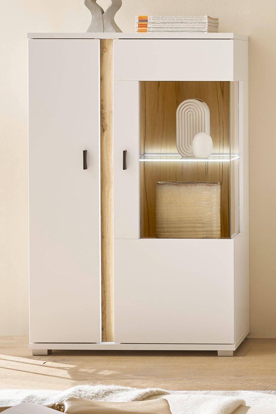 VITRINE weiß matt, Eiche Wotan 80 x 125 cm, Highboard inklusive Frontbeleuchtung - Silberfarben/Eiche Wotan, Glas/Holzwerkstoff (80/125/35cm) - Furn.Design