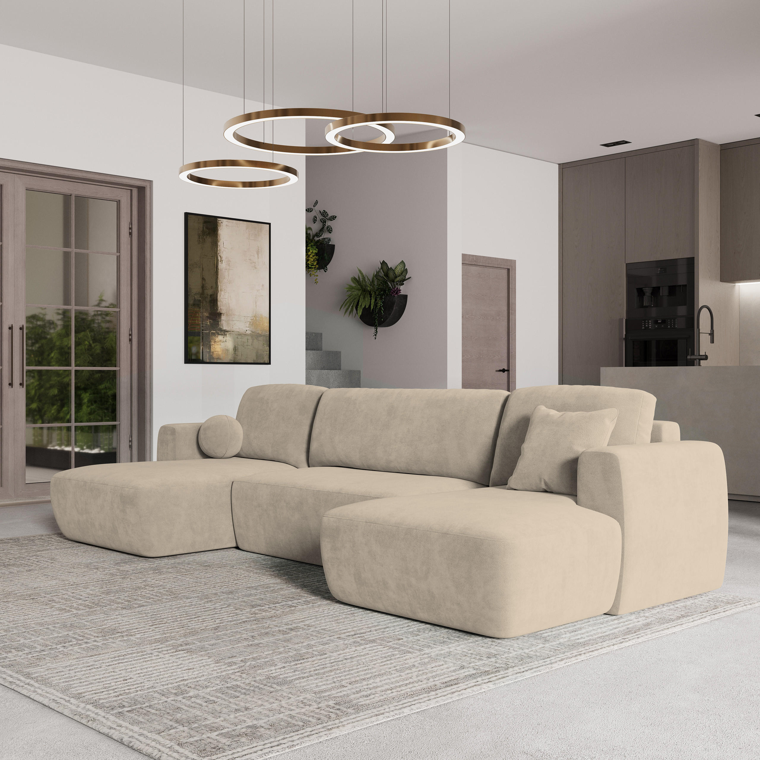 WOHNLANDSCHAFT SENTUM K Beige Plüsch-Stoff mit Schlaffunktion - Beige, Holz (330/90/148cm) - MASSENO