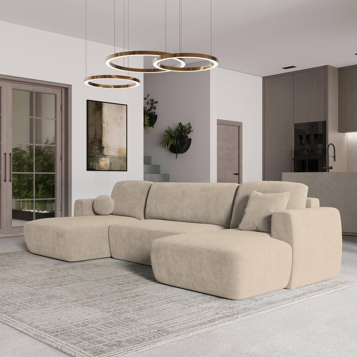 WOHNLANDSCHAFT SENTUM K Beige Plüsch-Stoff mit Schlaffunktion - Beige, Holz (330/90/148cm) - MASSENO