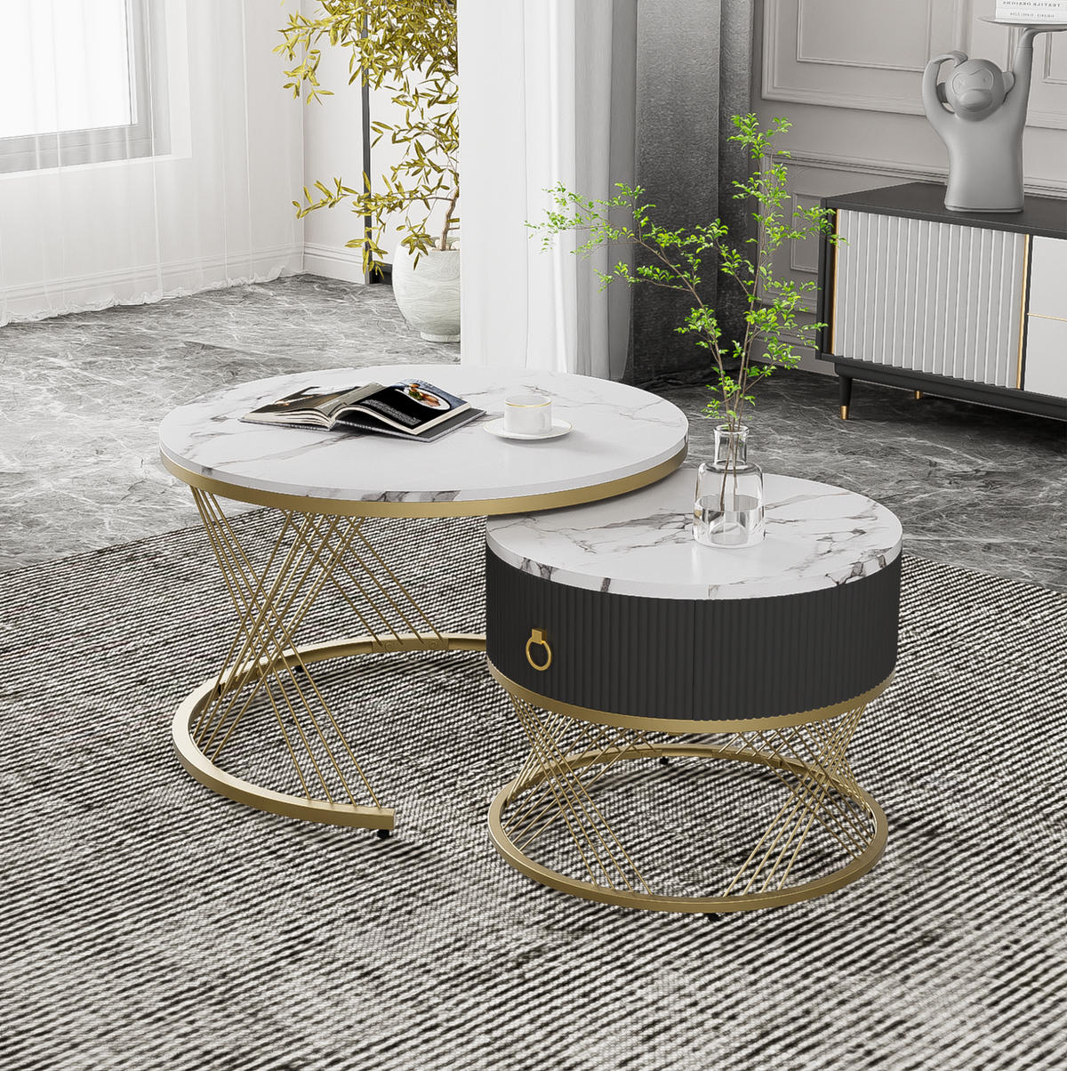 COUCHTISCH, MDF in Marmor-Optik mit Goldakzenten, modulare 2er-Komposition, 70/70/45 + 50/50/40 cm, Weiß und Gold - Weiß, Holzwerkstoff (70/70/45cm) - Redom
