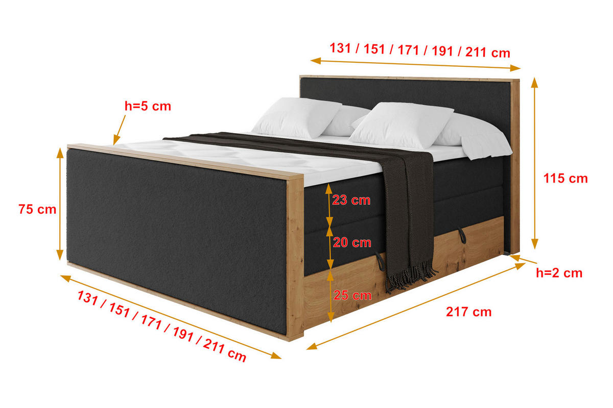 BOXSPRINGBETT LOLLI9 -Z-KING 120x200 - H3/H4 Schwarz - Schwarz Hochglanz, Holzwerkstoff (120/200cm) - ALTDECOR