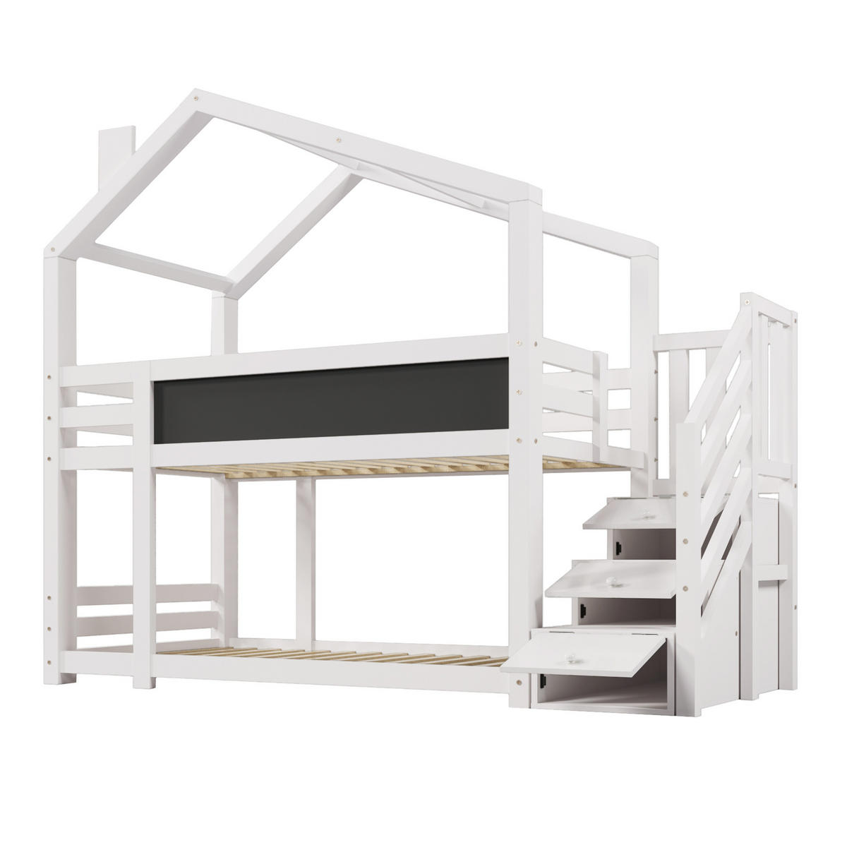 HAUSBETT 90/200 cm in Weiß mit Stauraum, Wandtafel und 2 Lattenrosten - Weiß, Holzwerkstoff (90/200cm) - BEAOK