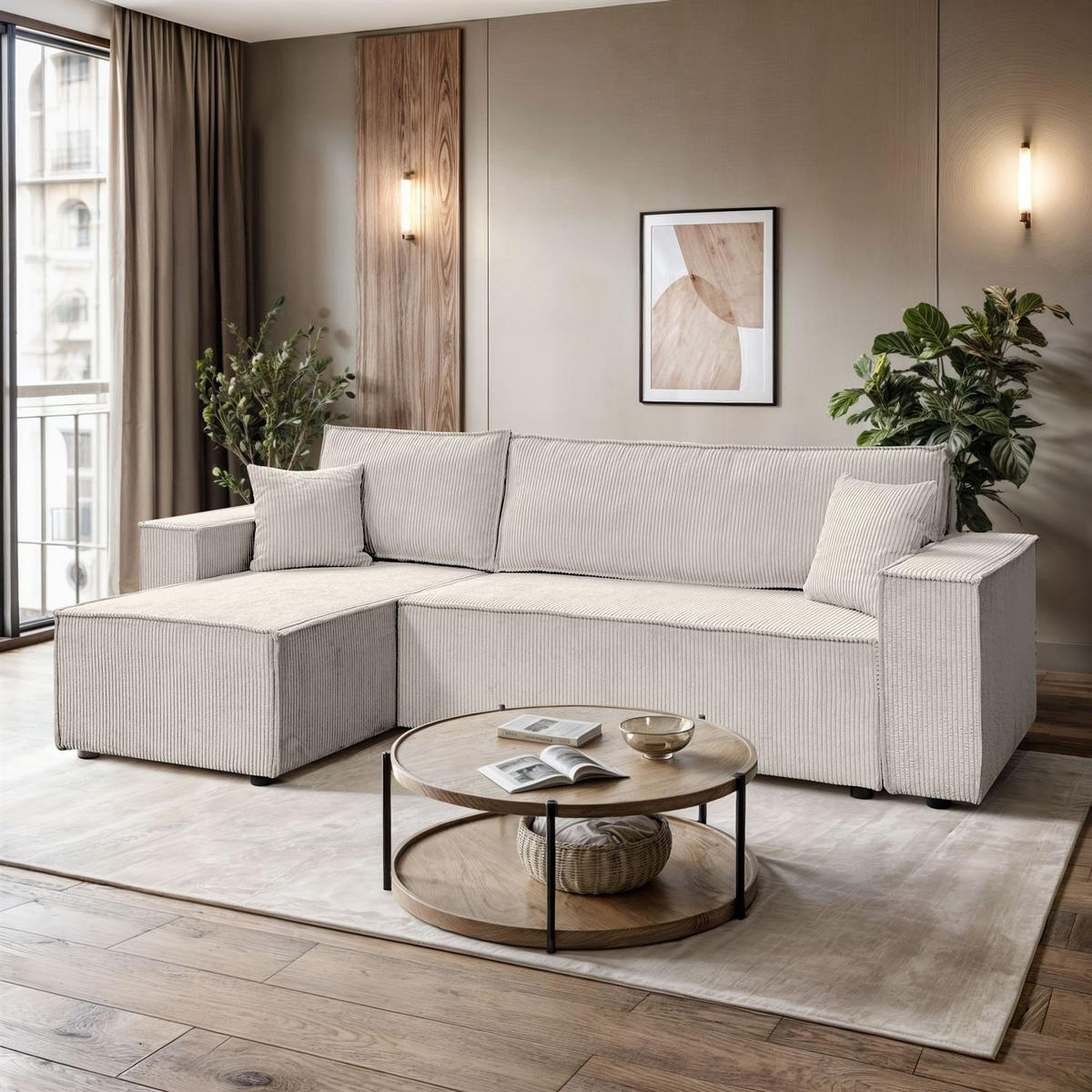 GEPOLSTERTES Ecksofa CARLOS L, Poso 100 - Ecru, Textil (247/143cm) - Lookway