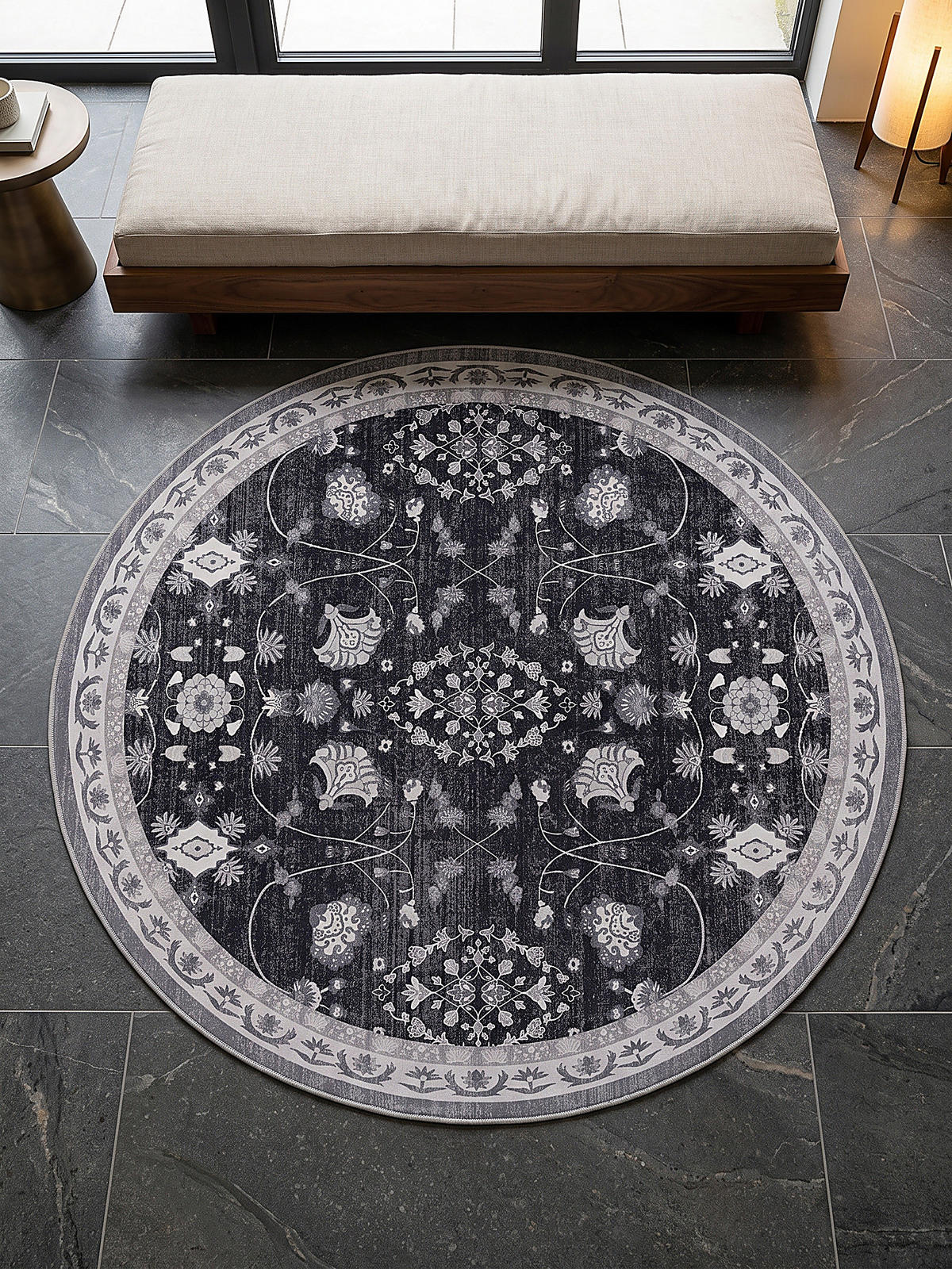 TEPPICH Kurzflor, waschbar, mit floralen Ornamenten, VERNANTE in Schwarz-Creme-Grau, Ø 200 cm - Schwarz, Textil (200/200cm) - KADIMA DESIGN