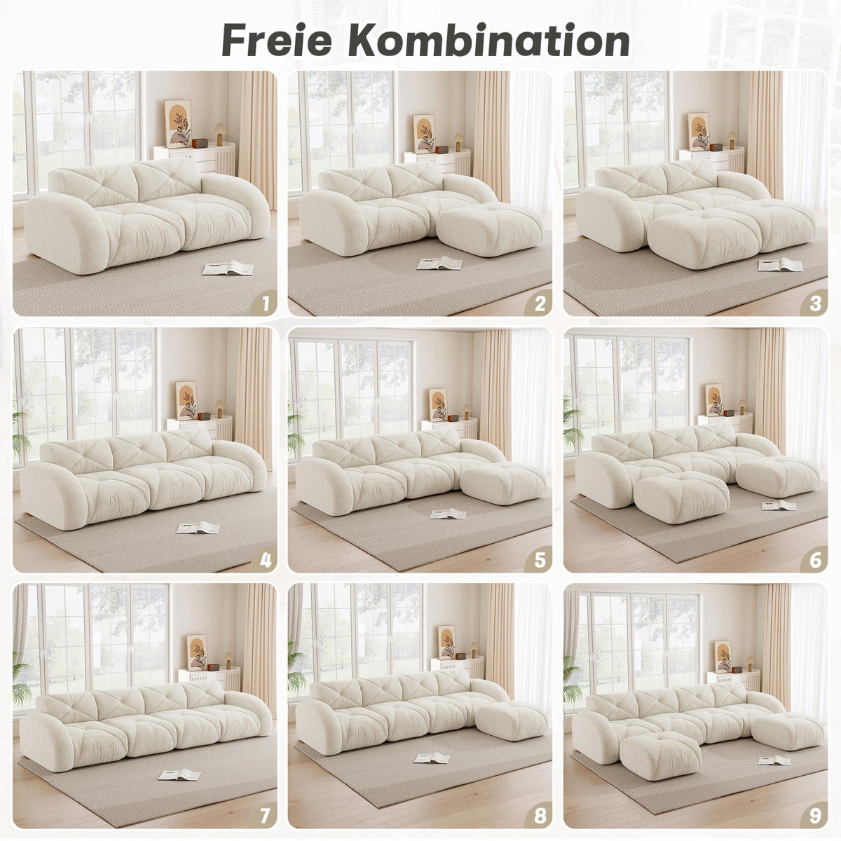 SOFA 358/95/76 cm in Hellbeige aus Chenille mit modularem Design - Beige, Textil (95/76/358cm) - Flora Grace