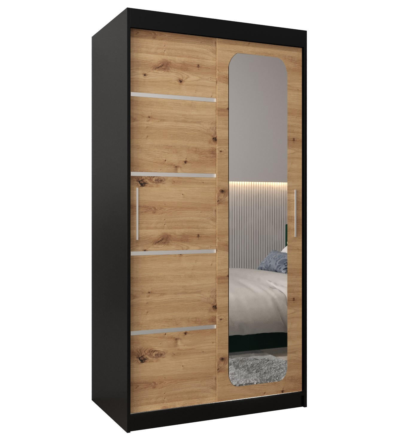 Abiks Möbel Schwebetürenschrank Schwarz, Eiche Artisan 100x200x62 cm