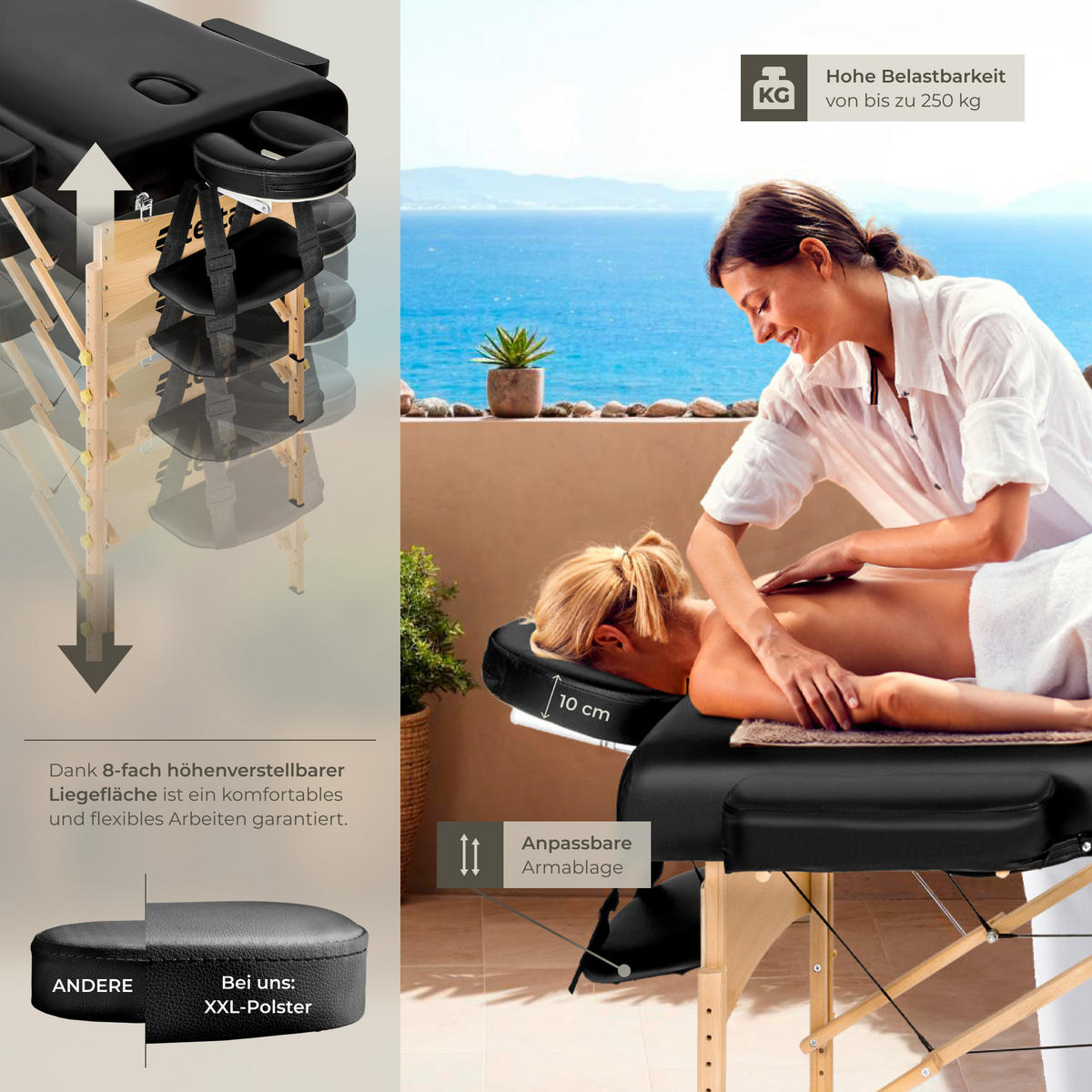 MASSAGELIEGE-SET 3 Zonen, 218 x 102 x 90 cm,schwarz - Schwarz, Holz (102/90/218cm) - tectake