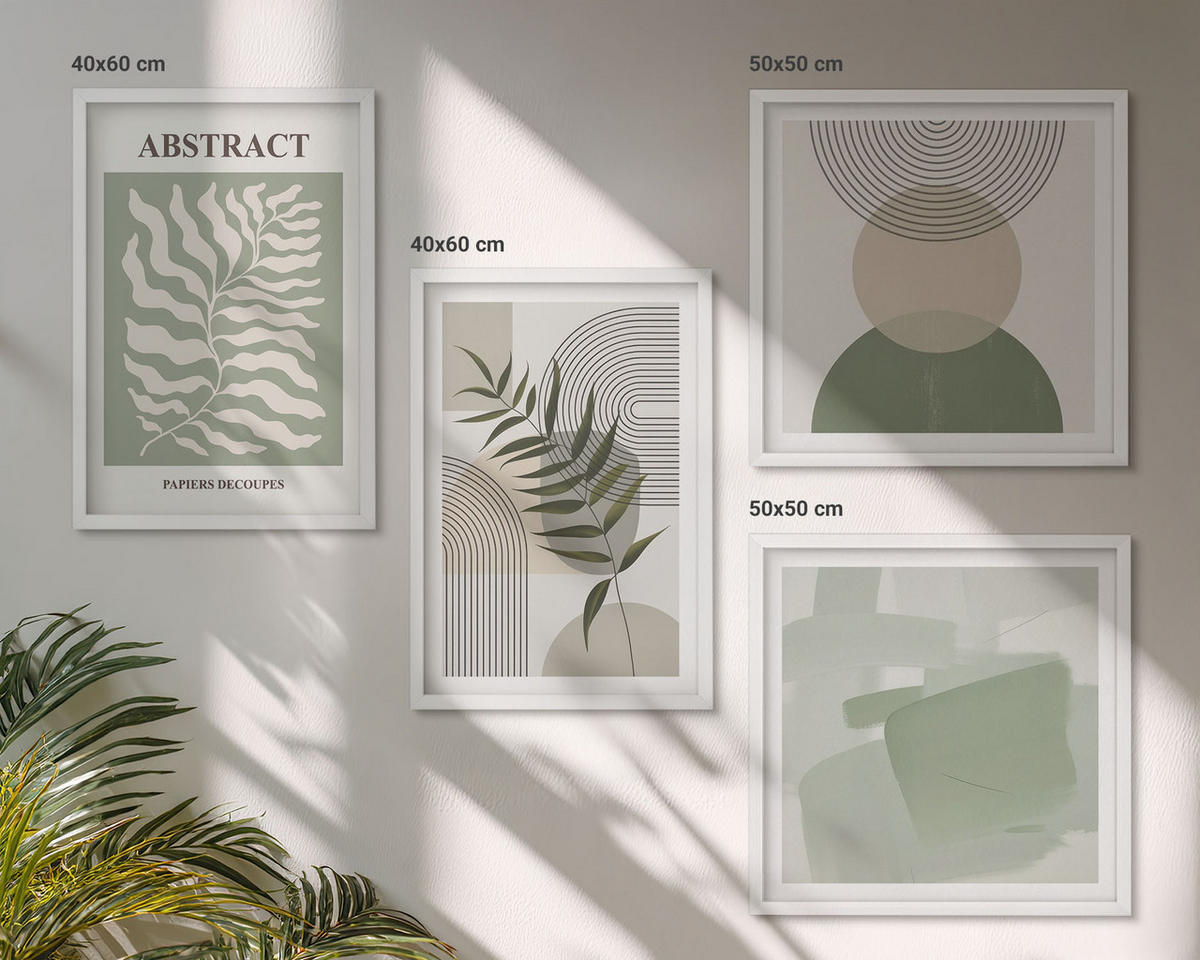 BILDER SET 4er Set - 50x50 cm & 40x60 cm Weißer Rahmen - Botanische Boho-Abstraktionen - Weiß, Kunststoff (50/50cm) - TULUP