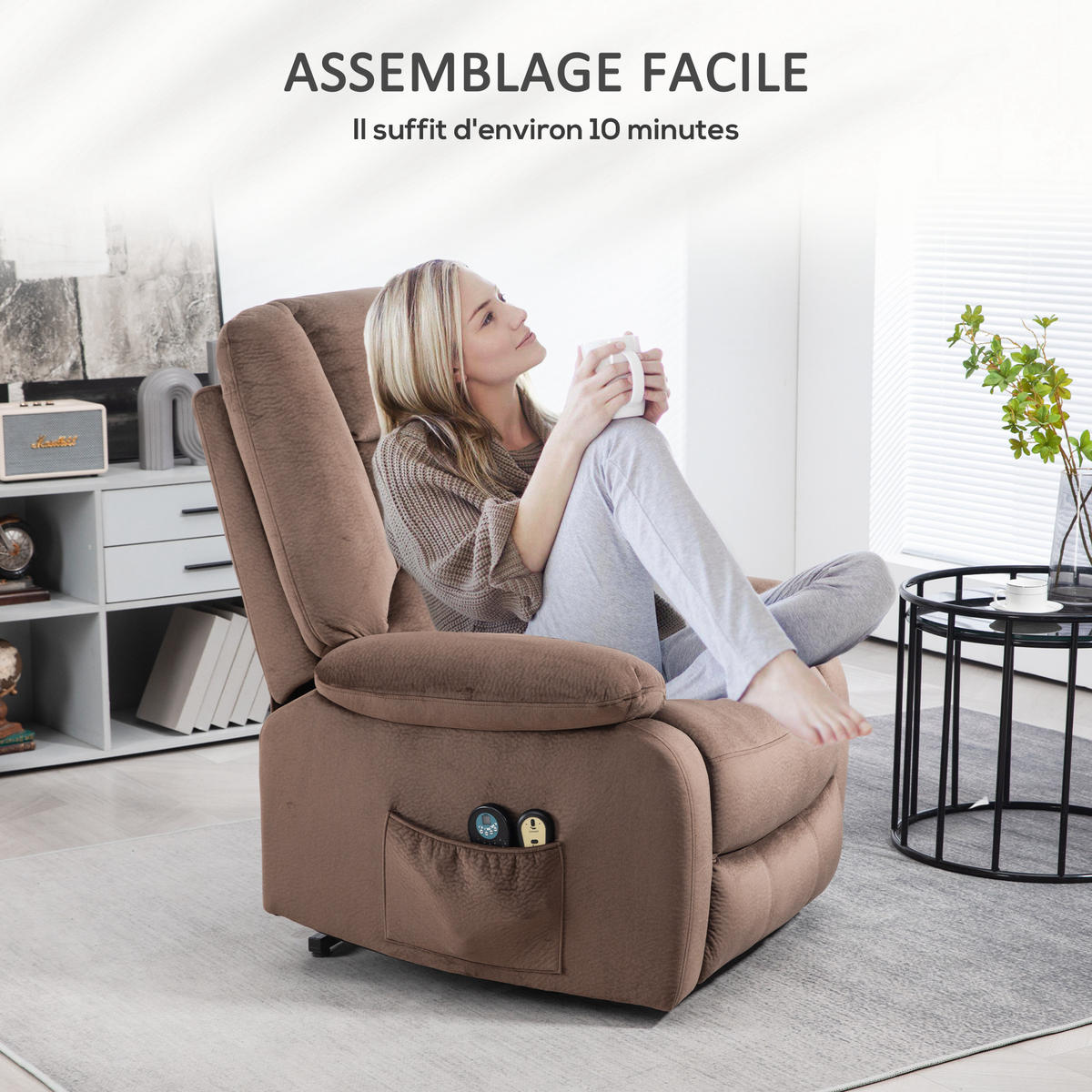 MASSAGESESSEL Braun mit Aufstehhilfe, Massagefunktion und Fernbedienung 90/93/110 cm - Braun, Textil (90/110/93cm) - PANGIVO