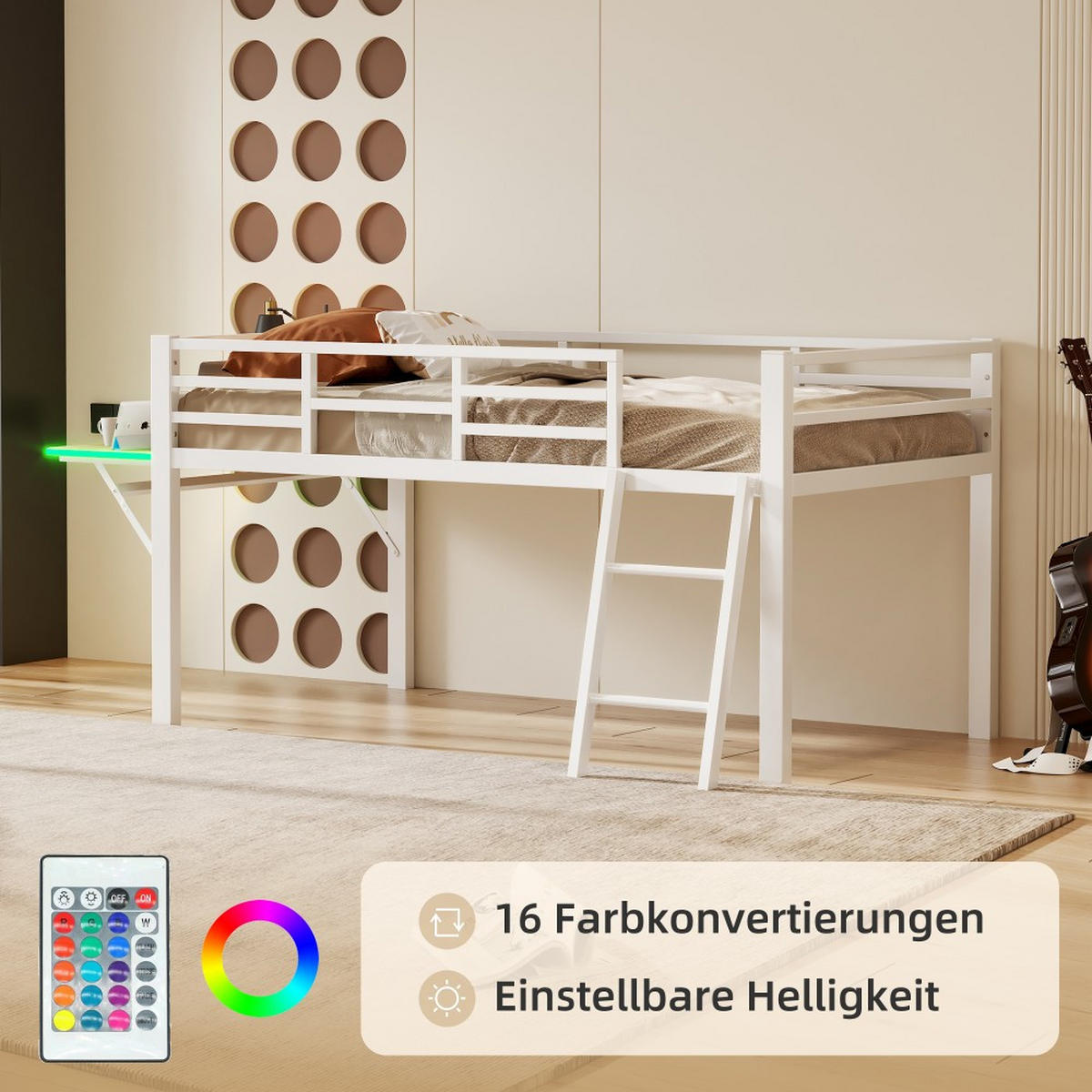METALLBETT 90 x 200 cm in Weiß mit LED-Lichtband - Weiß, Metall (90/200cm) - KOMHTOM