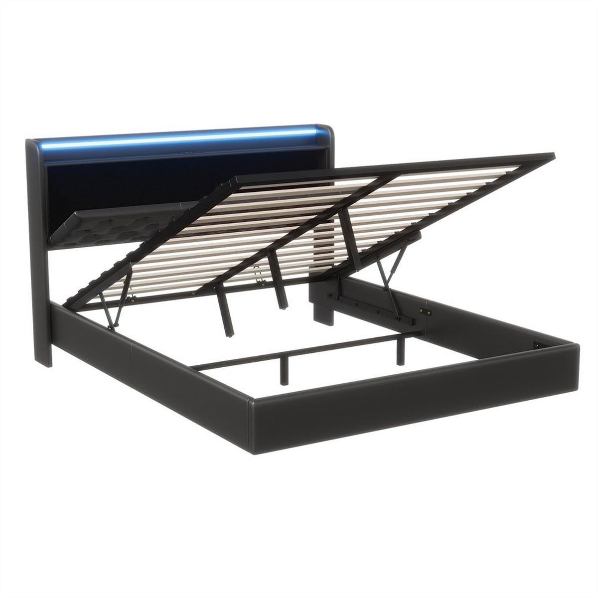 POLSTERBETT 140x200 cm mit LED-Beleuchtung - USB-Anschluss - Kopfteil-Stauraum und hydraulischem Stauraum - Schwarz - Schwarz, Textil (140/200cm) - DELFA
