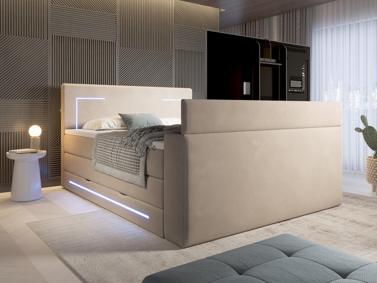 BOXSPRINGBETT Monaco beige 160/200 cm H3/H4 Samt mit TV-Lift - Beige, Textil (160/200cm) - wonello