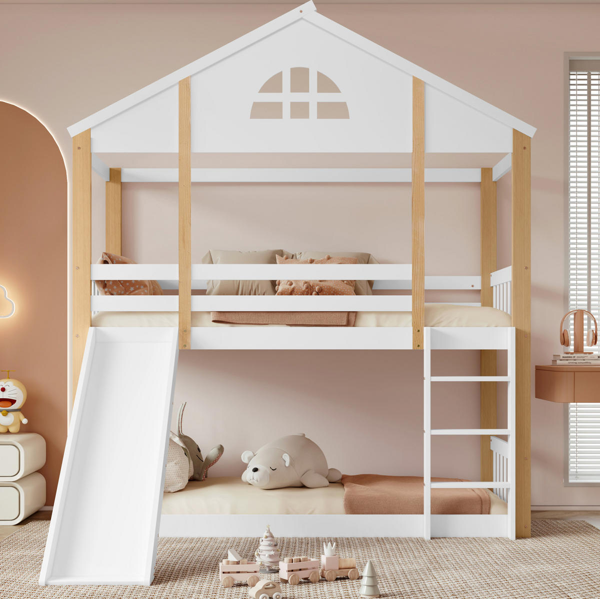 HAUSBETT 90/200 cm Weiß/Natur mit Rutsche und Treppe - Weiß, Holz (90/200cm) - Flora Grace