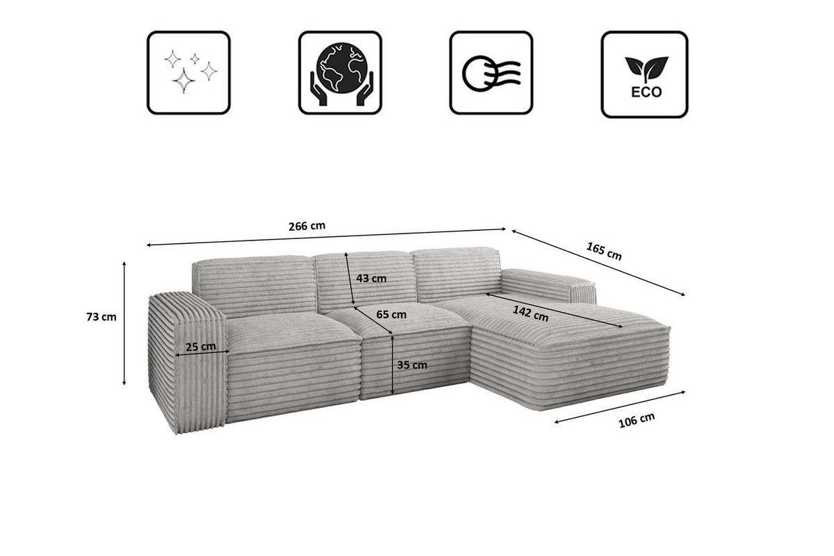 ECKSOFA L-Form Siena Stoff Velo Hellgrau Rechts - Hellgrau, Holz/Kunststoff (266/165cm) - Kaiser Möbel