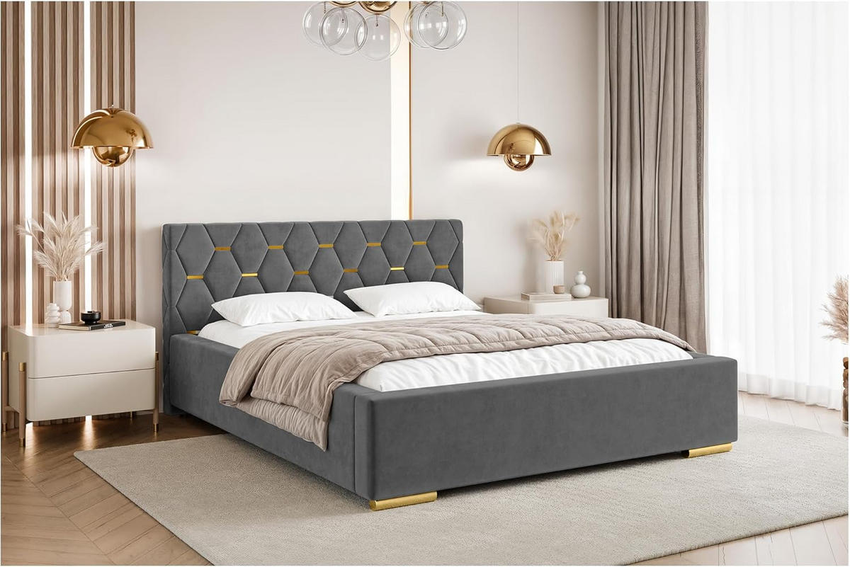 BETT VERSAL H3 - Dunkelgrau/Goldfarben, Holzwerkstoff (180/200cm) - Meblini