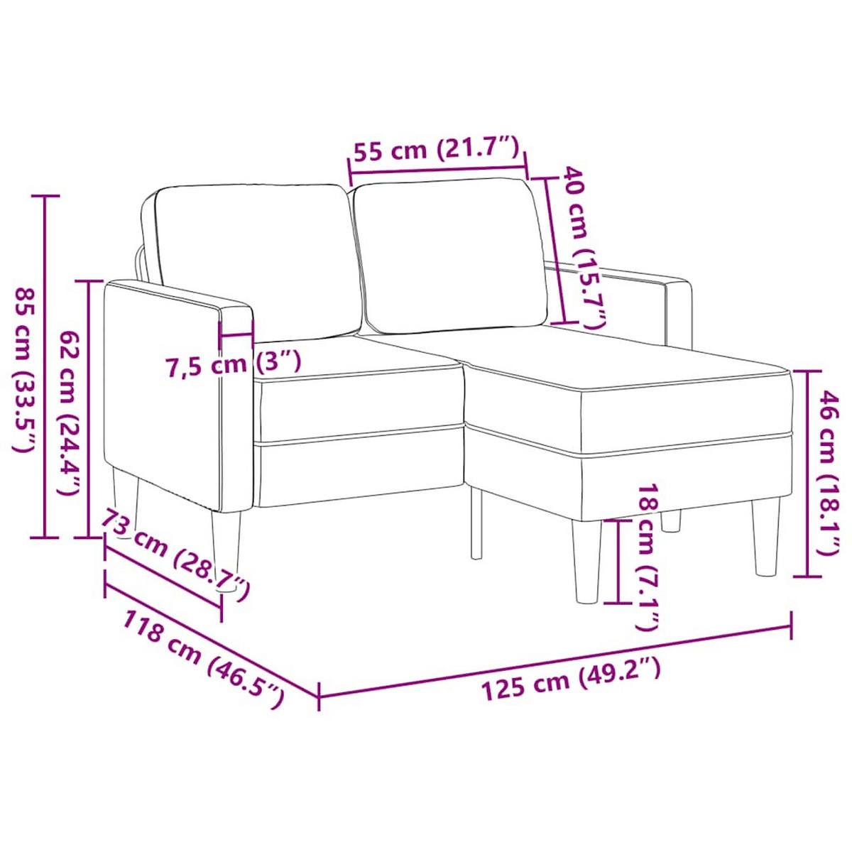 2-SITZER-SOFA Mit Chaiselongue L-Förmig Dunkelgrau 125 Cm Stoff - Grau, Textil (118/85/125cm) - vidaXL
