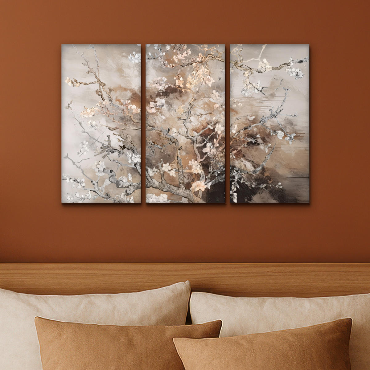 LEINWANDBILD 3er Set Mandelblüte - Abstrakt - Beige 60x40 cm - Beige, Textil (60/40cm) - MuchoWow